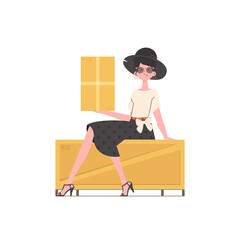 A woman is sitting and holding a parcel. Delivery concept.    .