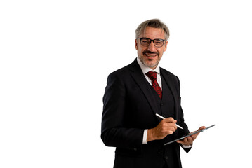 Portrait of Businessman in elegant blue suit wearing eye glasses using stylus pen on digital...