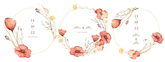 Watercolor floral hand drawn wreaths with delicate illustration of blossom scarlet poppies, yellow wildflowers, herbs, spikelets. Elements isolated on white background. Poppy circle frame collection.