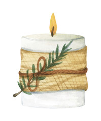 Lighting Christmas candle. Watercolor illustration.