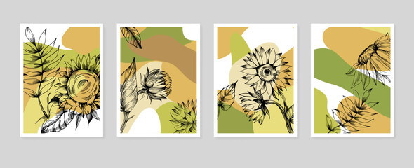 Set of Abstract Sunflower Hand Painted Illustrations for Wall Decoration, minimalist flower in sketch style. Postcard, Social Media Banner, Brochure Cover Design Background. Modern Abstract Painting.