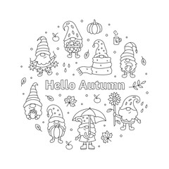 Round emblem with autumn gnomes. Hello autumn. Ideal for coloring books, stamps, invitations and others. Doodle style. Outline vector illustration.