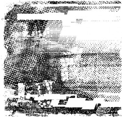 Obraz premium Glitch distorted geometric shape . Noise destroyed logo . Trendy defect error shapes . Glitched frame .Grunge textured . Distressed effect .Vector shapes with a halftone dots screen print texture.