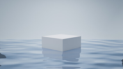 the cube podium is on the water 3D Render