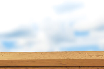 Empty wooden table on blurry sky background Area to edit your product