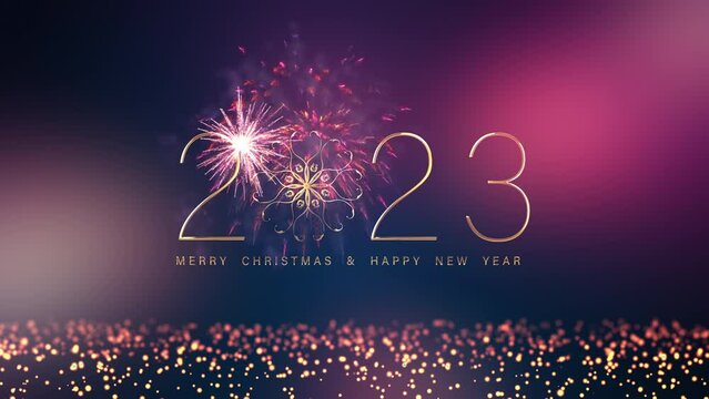 Loop 2023 Merry Christmas and Happy New Year greeting text with colorful  particles Fireworks  on black night sky. Beautiful typography magic design with golden glittering particles.
