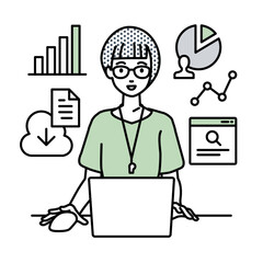 デスクで座ってPCを開いてリサーチしたりデータを分析してレポートにまとめている教師の女性