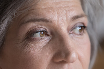 Upper face of serious senior woman looking away. Brown eyes with makeup, mascara, facial skin with...