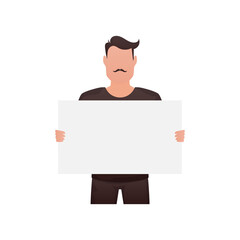 A man of athletic build holds a blank sheet in his hands.   Cartoon style.