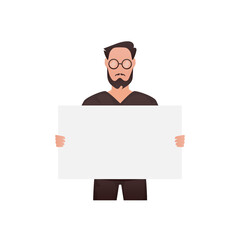 A man stands waist-deep and holds an empty space for advertising in his hands.   Cartoon style.