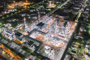 Aerial view of petrochemical oil refinery and sea in industrial engineering concept in Bangna...