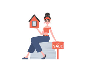 The girl sits on a stack of documents and holds the house in her hands. Selling a house or real estate.    .