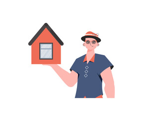 The man is depicted waist-deep holding a house in his hands. Selling a house or real estate.    .