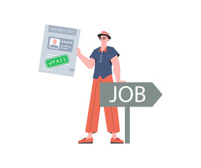 The guy holds in his hands the passed test for a vacancy. Job search and human resource concept. Trend style,  .
