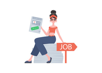 The girl holds in her hands the passed test for a vacancy. Job search concept.     in a flat style.