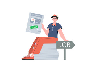 A man holds a passed test for a vacancy in his hands. The concept of finding employees. Trend style,  .