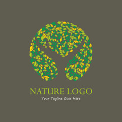Rounded green leaves with tree inside for nature logo.