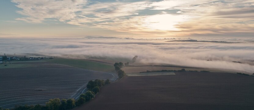 Fog over the landscape, aerial view, drone fhoto