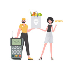 A male courier delivers a package of products. Delivery concept.   Trendy flat style.