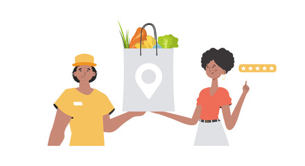 A male courier delivers a package of products. Home products. Food delivery.   trendy style.