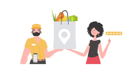 A male courier delivers a package of products. Home products. Food delivery.   Trendy flat style.