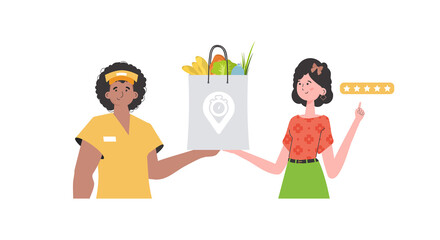 A male courier holds a package with groceries. Home delivery concept.   Trendy flat style.