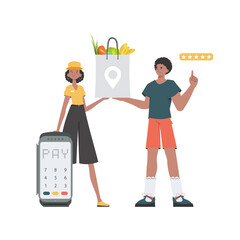 Woman courier holds a package with groceries. Home delivery concept.   trendy style.