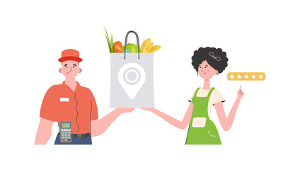 A male courier holds a bag of food. Home delivery concept.   Trendy flat style.