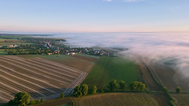 Fog over the landscape, aerial view, drone fhoto