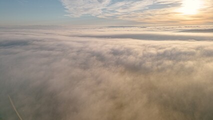 Fog over the landscape, aerial view, drone fhoto