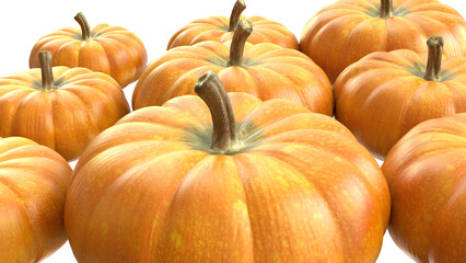 Multiple Big orange pumpkins front angle isolated on transparent png background. 3D Rendered illustration render