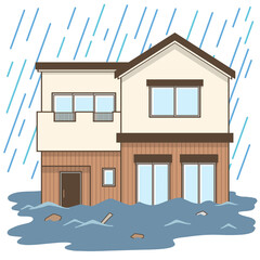 家　住宅　大雨　洪水　浸水　災害　イラスト