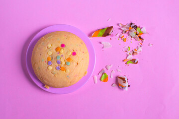 Delicious chip cookies on a pink background with crispy toppings