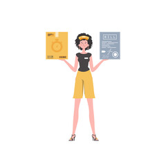 Fototapeta premium A woman courier is holding a parcel and a check. Home delivery concept. Cartoon style.