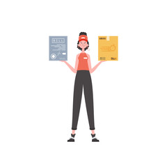 A woman courier is holding a parcel and a check. Delivery concept.   Cartoon style.