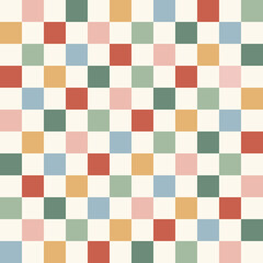 Rainbow Checkerboard retro colours vector seamless pattern. Geometric abstract background. Checkered surface design. - 529760607