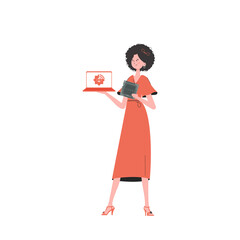 A woman holds a laptop and a processor chip in her hands. IOT and automation concept.     in trendy flat style.