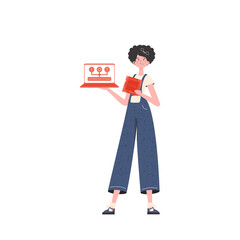 A woman holds a laptop and a processor chip in her hands. IOT and automation concept.     in flat style.