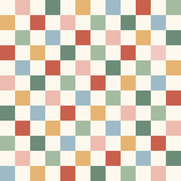 Rainbow Checkerboard Retro Colours Vector Seamless Pattern. Geometric Abstract Background. Checkered Surface Design.