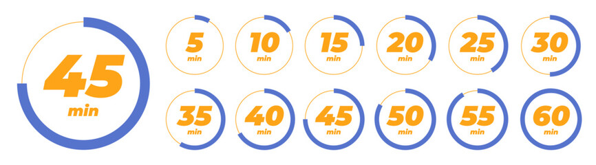 Minute timer icons set. Icons for one minute, five, ten, fifteen or more minutes. The arrow indicates the limited cooking time