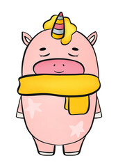 Pink unicorn in yellow scarf on isolated white background