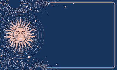 Magic astrology yoga boho banner with copy space. Sun with stars on a blue vintage background, space for text. Vector celestial illustration for tarot, zodiac, esoteric.