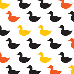 Duck Bird Funny Pattern. Black, Orange, Yellow Colored Ducks