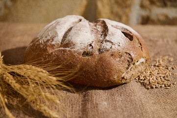 Homemade delicious wholesome multigrain sourdough bread, oat grains and blurred wheat ears on oreground, on a burlap