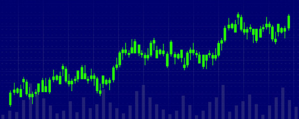 Trade of stock. Chart of forex with candles. Graph for financial market. Stock trade data on graph. Exchange, buy, sell on stock market. Online analysis for investment.