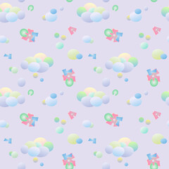 children's seamless pattern in pastel colors with gradient clouds and the inscription "cat"