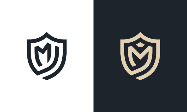 Initial Letter M Shield Monogram logo Concept sign icon symbol Design Element Line Art Style. Security, Heraldic, Guard Logotype. Vector illustration template