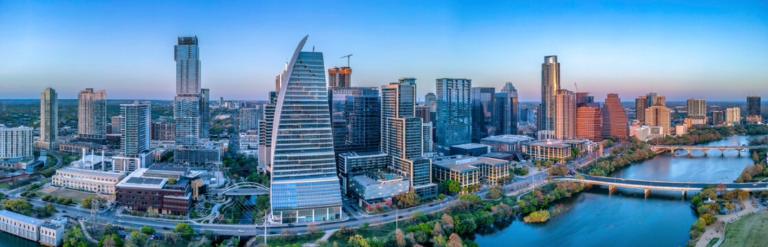 Austin, Texas cityscape near the Colorado River against the skyline horizon