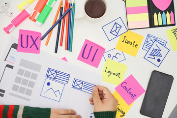 Creative mobile responsive website designer sorting wireframe screens of mobile application process...