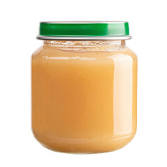 Jar with yummy baby food isolated on white background.  Baby puree.